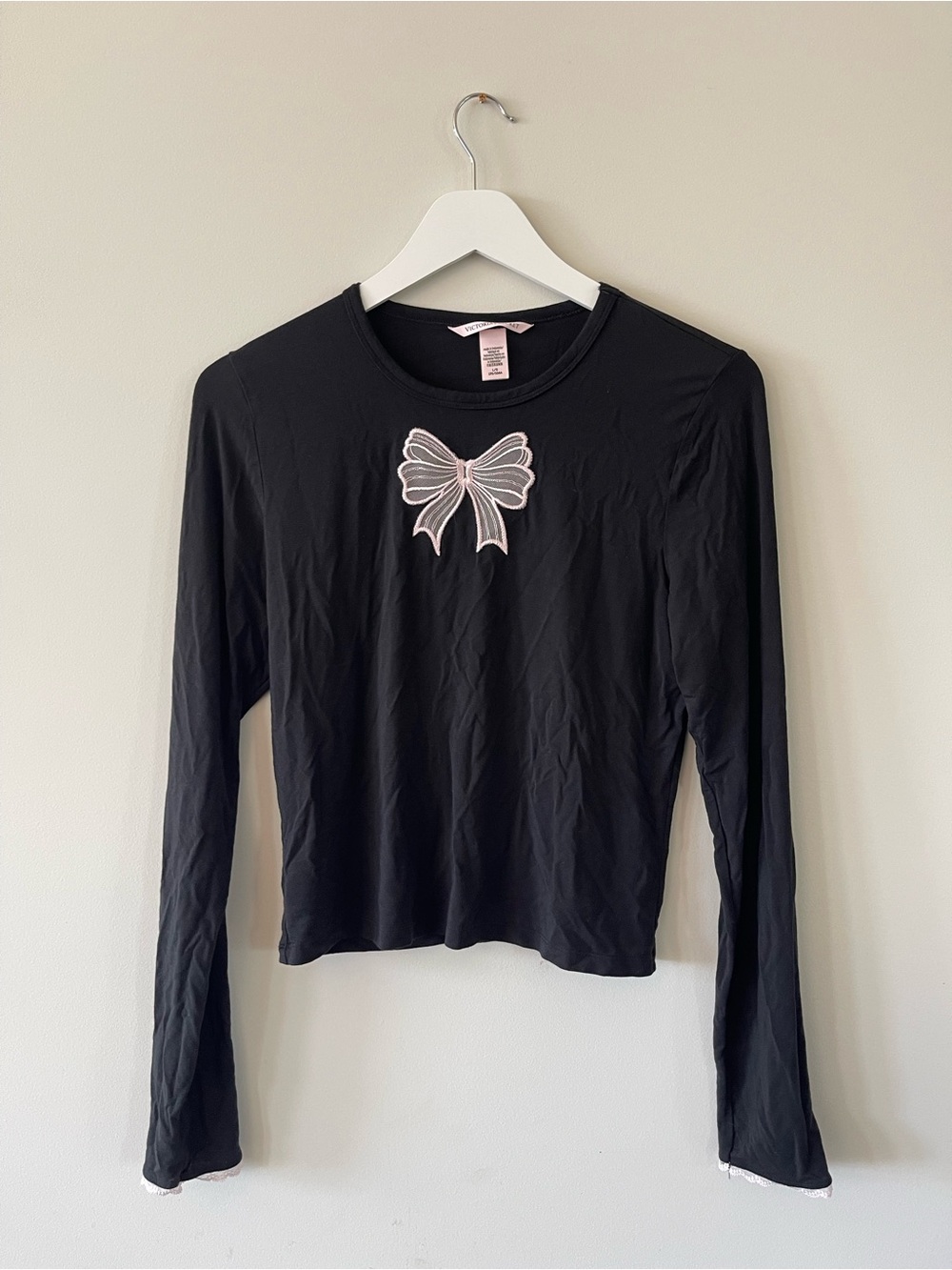 Victoria's Secret Black Long-Sleeve Top with Pink Bow Patch and shorts pajamas